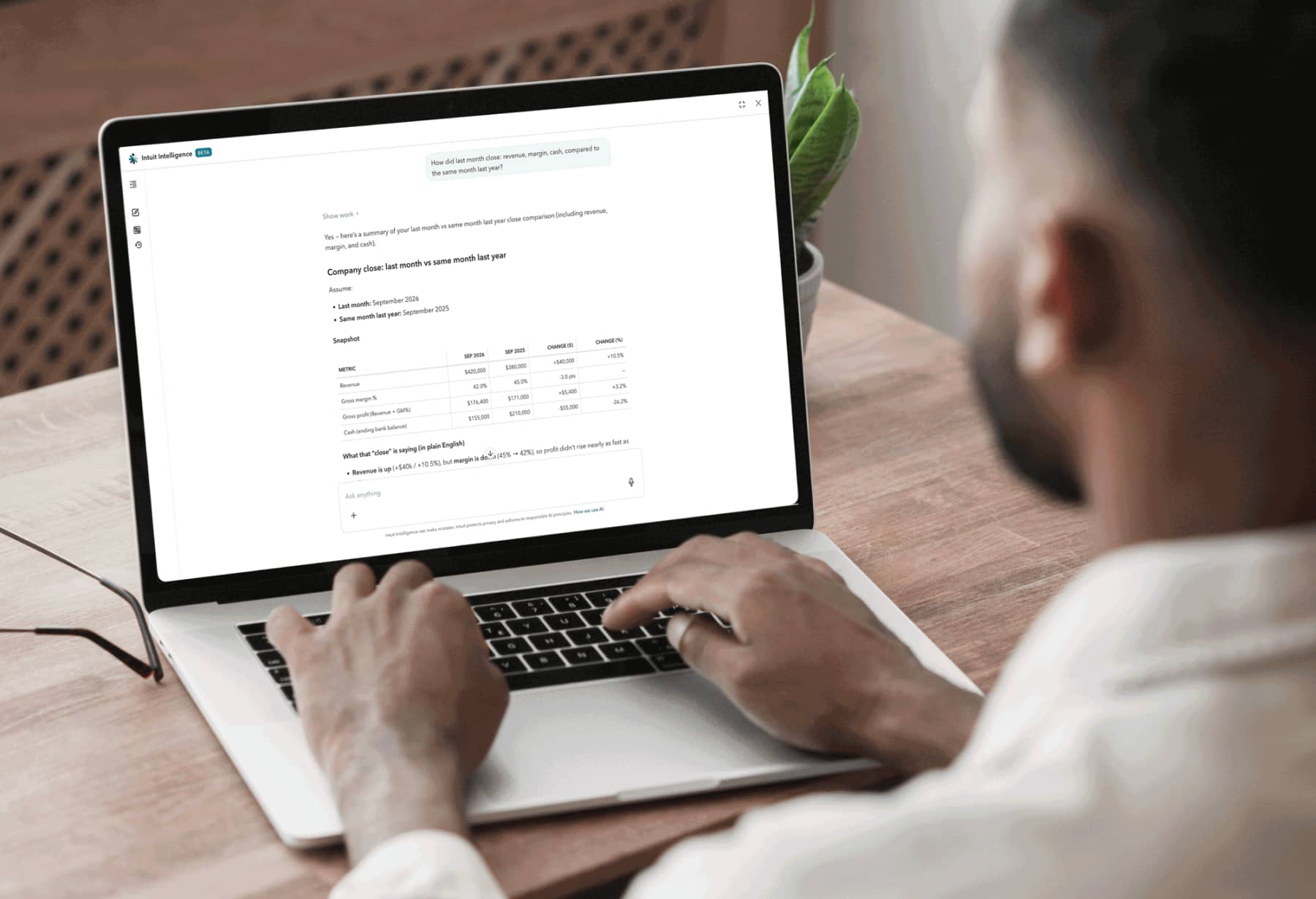 Intuit Intelligence in QuickBooks comparing last month’s close to the same month last year